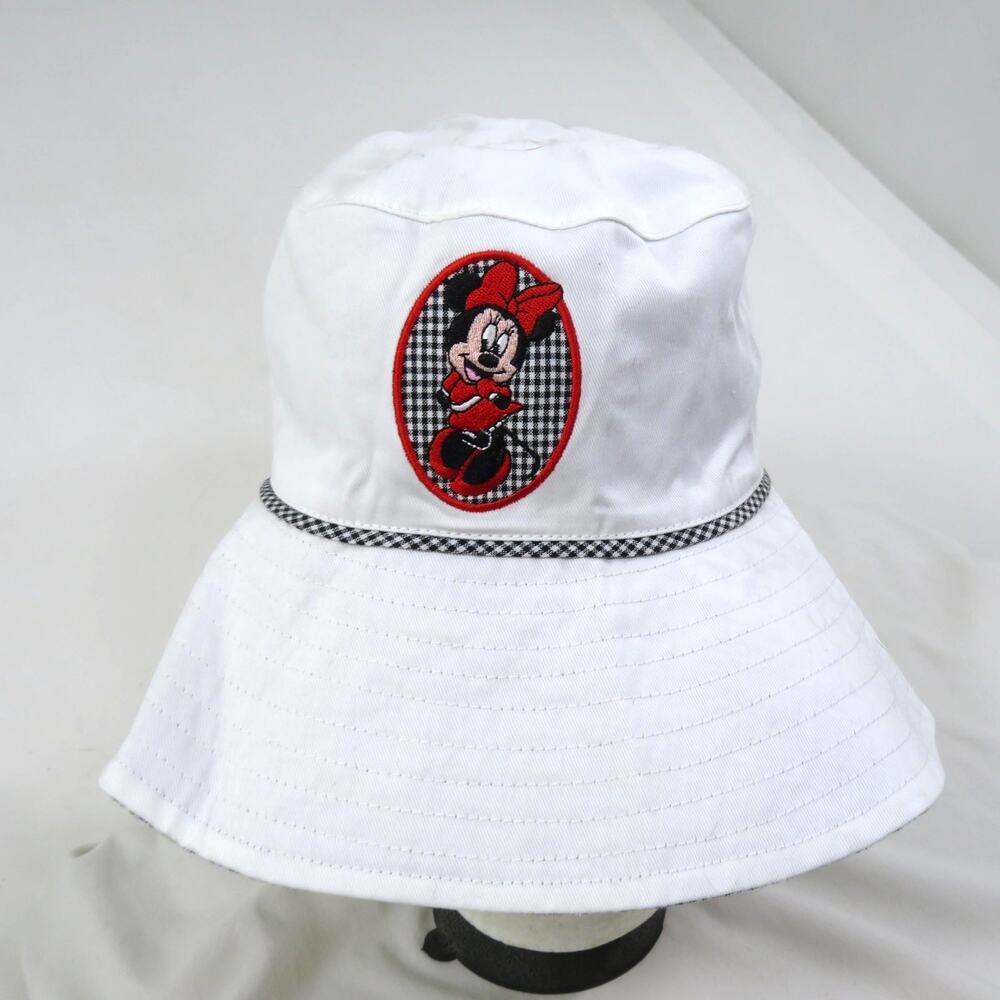 Minnie Mouse Disneyland Reversible Bucket Sun Hat White Black Check Y2K